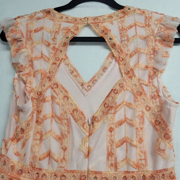 Altar'd State Orange Peach Embroidered Mesh Midi Dress Cutout Back Womens Medium - Picture 10 of 16